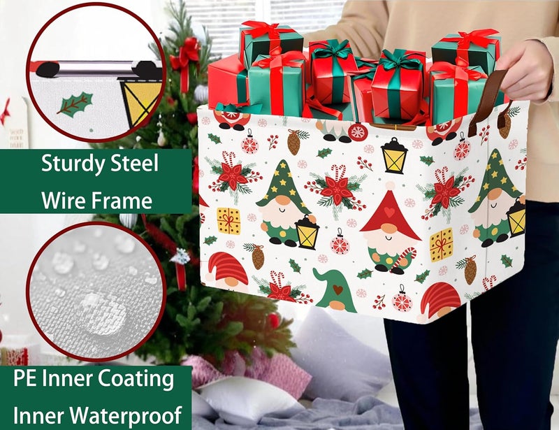 BOOHIT Large Christmas Gifts Empty Baskets Kids Collapsible Holiday Storage Bin with Handle (Gnome Red Flower) - Image 3